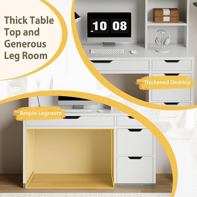 White Desk with Hutch, 53 Inch Computer Desk with Storage File Drawer, White Study Desk with 4 Drawers for Bedroom, Small Space