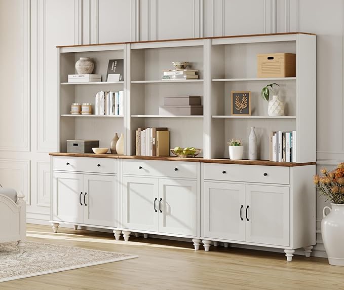 WAMPAT 5 Tier Bookshelf 72" Tall Bookcase with Barn Doors, Large Farmhouse Display Book Shelf with 3 Drawers and Storage Cabinet, 3-in-1 Library Wood Bookshelves for Living Room or Kitchen, White