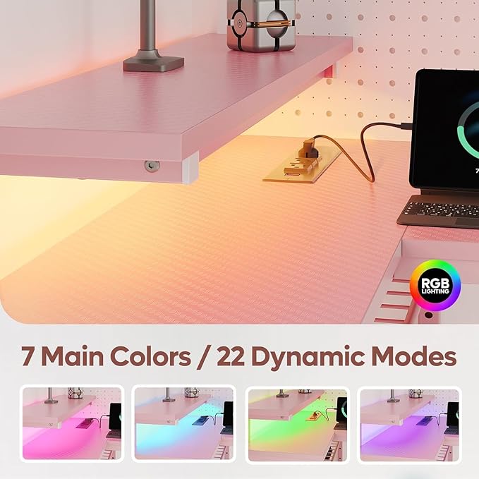 Bestier Pink Computer Desk with Power Outlets,42 LED Small Gaming Corner Desk with Reversible Storage Shelves,L Shaped Desk with Headset Hooks Studying and Workstation Desk for Office and Bedroom
