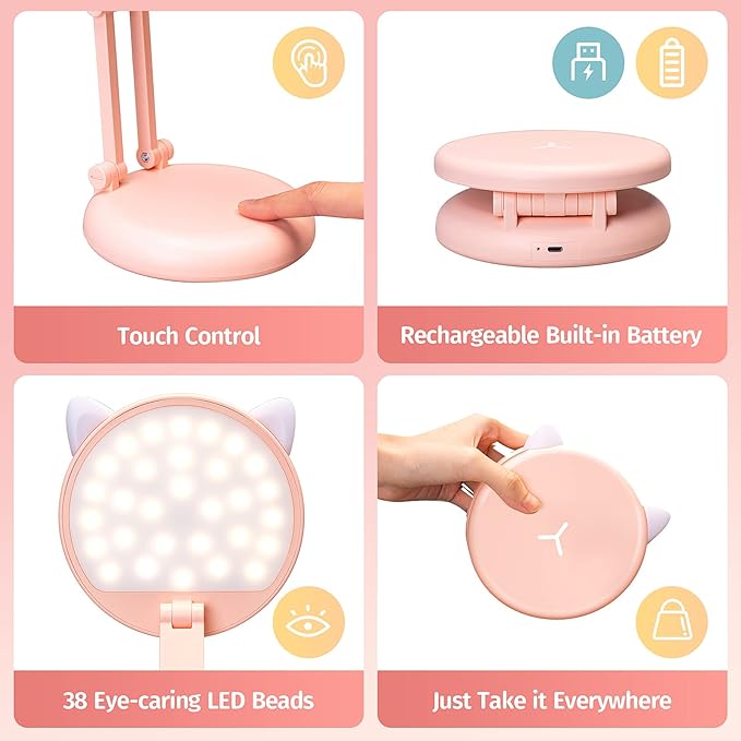 One Fire Cute Desk Lamp Pink Dorm Lamps for College Girls Foldable Portable Rechargeable Dimmable Cute Cat Lamp Kawaii Room Decor,College Dorm Decor for Girls Pink Classroom Essentials