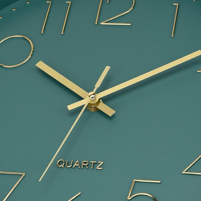 Foxtop Modern Wall Clock 12 Inch Silent Non Ticking Battery Operated Round Quartz Gold Wall Clock for Living Room Bedroom Kitchen Office Classroom Decor (Dark Green Dial)