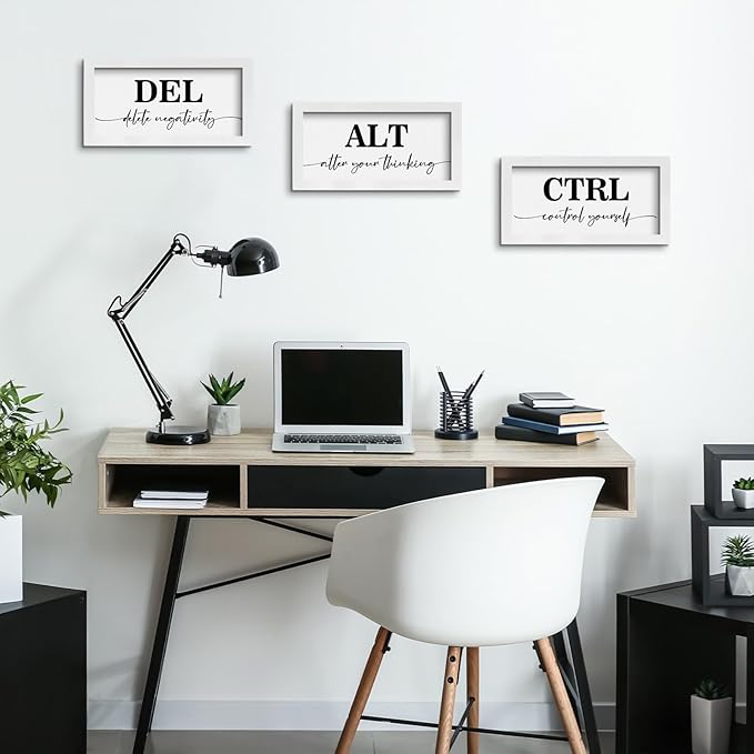 Pinetree Art Motivational Wall Art for Office Decor, CTRL ALT DEL Framed Inspirational Positive Quotes Canvas Print (white, 6"x12"x3)