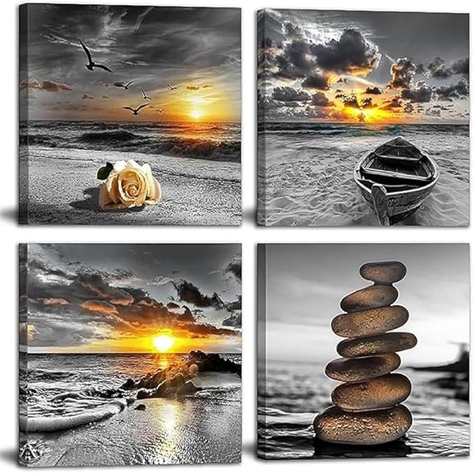 Bamdeya Black and White Gold Wall Decor Sea Sunset Beach Wall Art Seascape Zen Painting Sunrise Picture Ocean Canvas Print for Living Room Bedroom Bathroom Home Wall Decoration Framed Art