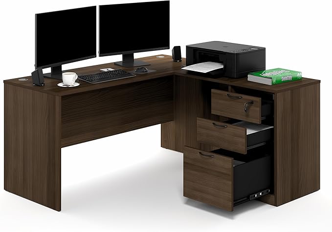 Furinno Roger 60 Inch L-Shaped Executive Desk with File Cabinet, L-Shaped Office Desk with 3-Drawer Fixed Pedestal Filing Cabinet, Desk Cord Grommet, for Home Office, Modern Walnut