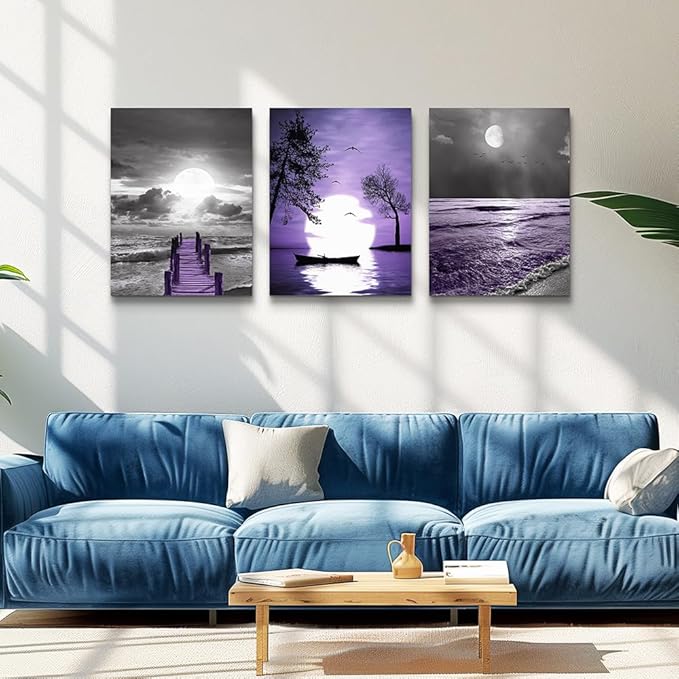 Canvas Wall Art For Living Room Large Size Wall Decorations For Office Artwork Wall Painting Bedroom Wall Decor Black And White Ocean Purple Landscape Modern Family Posters 3 Piece Framed Home Decor