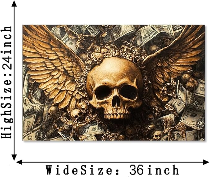 Money Wall Art Skull Stacked Dollar Posters Wall Decor Wealth and Death Concept Canvas Artwork Suitable for Gothic Style Home Living Room Bedroom Ready to Hang 24x36inch