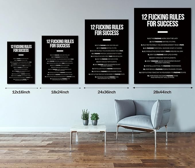 Yatsen Bridge 12 Fucking Rules for Success Canvas Wall Art Black and White Poster Print Success Inspirational Quotes Decor for Living Room Bedroom Man Cave Framed Ready to Hang 36x24 inch