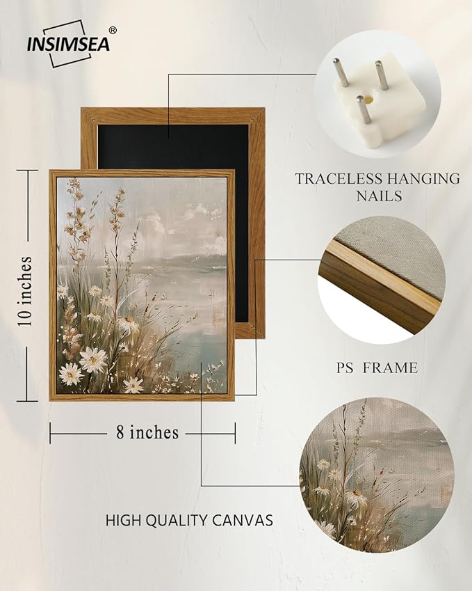 InSimSea Framed Canvas Wall Art Vintage Decor, Wildflowers Landscape Pictures Bathroom Wall Decor Aesthetic, Living Room Bedroom Flower Nature Home Decorations, 8"x10"