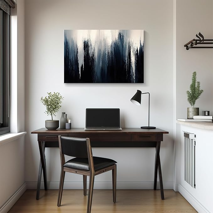gaosoul Modern Blue Abstract Canvas Wall Art Oil Painting Giclee Print with Vertical Ice Crystal Strokes Ombre White to Navy Gradient Gallery Wrapped for Home Office Decor 48x32in