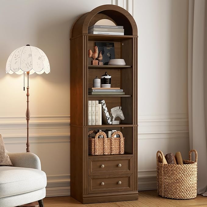 Tall Narrow Bookshelf Set of 2, Arched Bookshelf with 2 Drawers, 7-Tier Farmhouse Arch Bookcase, Wooden Book Shelf with Open Display Shelves for Office, Living Room, Kitchen, Walnut