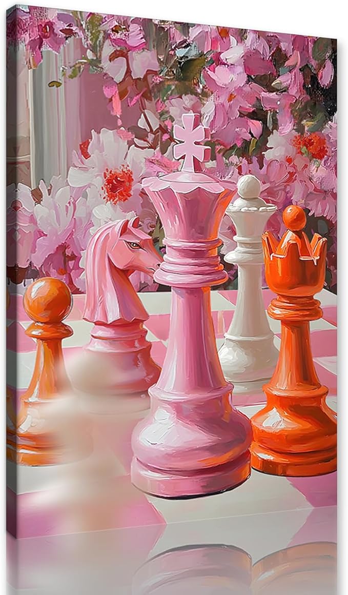 Pink Chess Wall Art - Colorful Chess with Floral Canvas Prints Intelligence Game Posters Motivational Artwork Trendy Home Wall Decor for Bedroom Living Room Bathroom Office, Framed 12"x16"