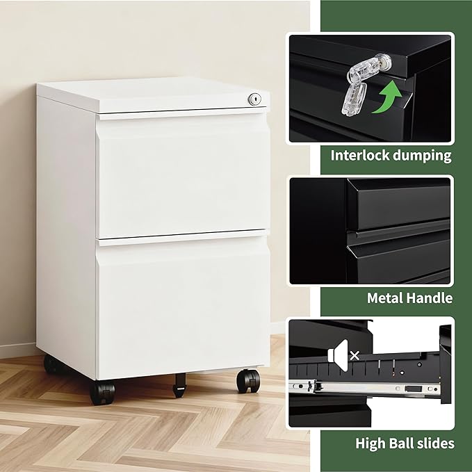 2 Drawer File Cabinet with Lock,Rolling Filing Cabinet with Wheels for Home Office,Under Desk Metal File Cabinet,Office Storage Organizer,White