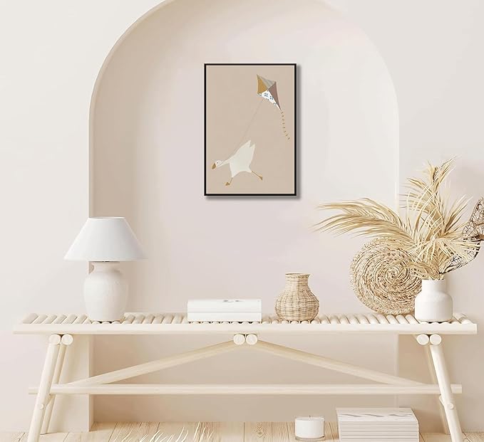 XXOUYLQ Cute Silly Goose Canvas Wall Art Goose flying a kite Posters Funny Animal Prints Pictures Beige Nursery Painting Neutral Kid's Room Wall Decor unframed