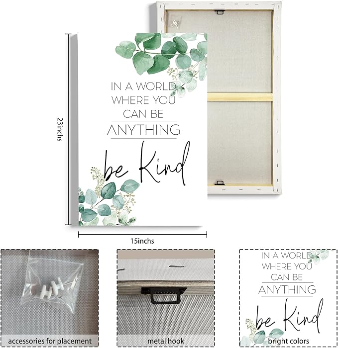 HIWX Be Kind Inspirational Framed Canvas Wall Art Decor, Eucalyptus Botanical Motivational Positive Wall Art Decoration for Bathroom Office Bedroom Home Prints 16x24