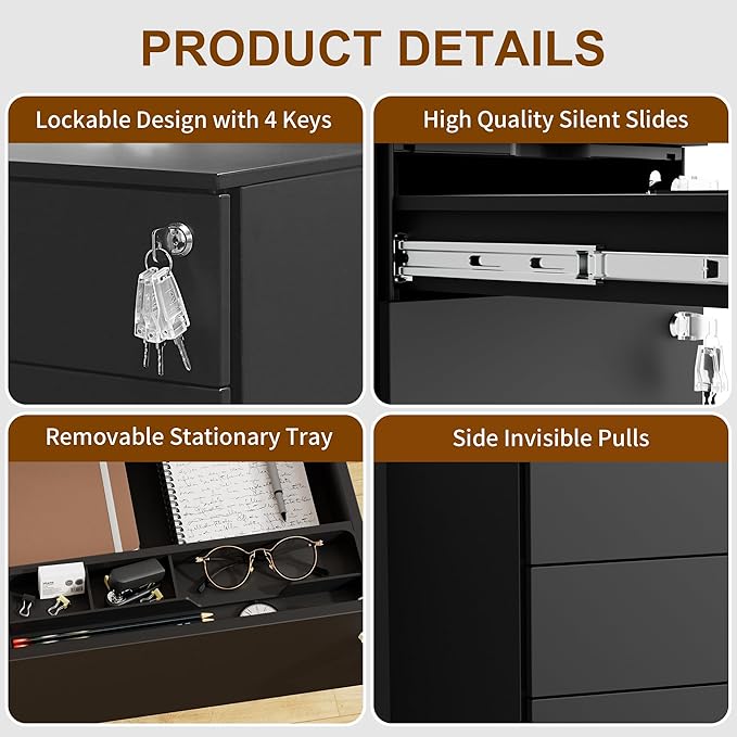 3 Drawers File Cabinet with 3 Lock, Mobile Metal Filing Cabinet, Fully Assembled Except Casters, for Home Office, for A4, Letter, Legal File Folders, Black