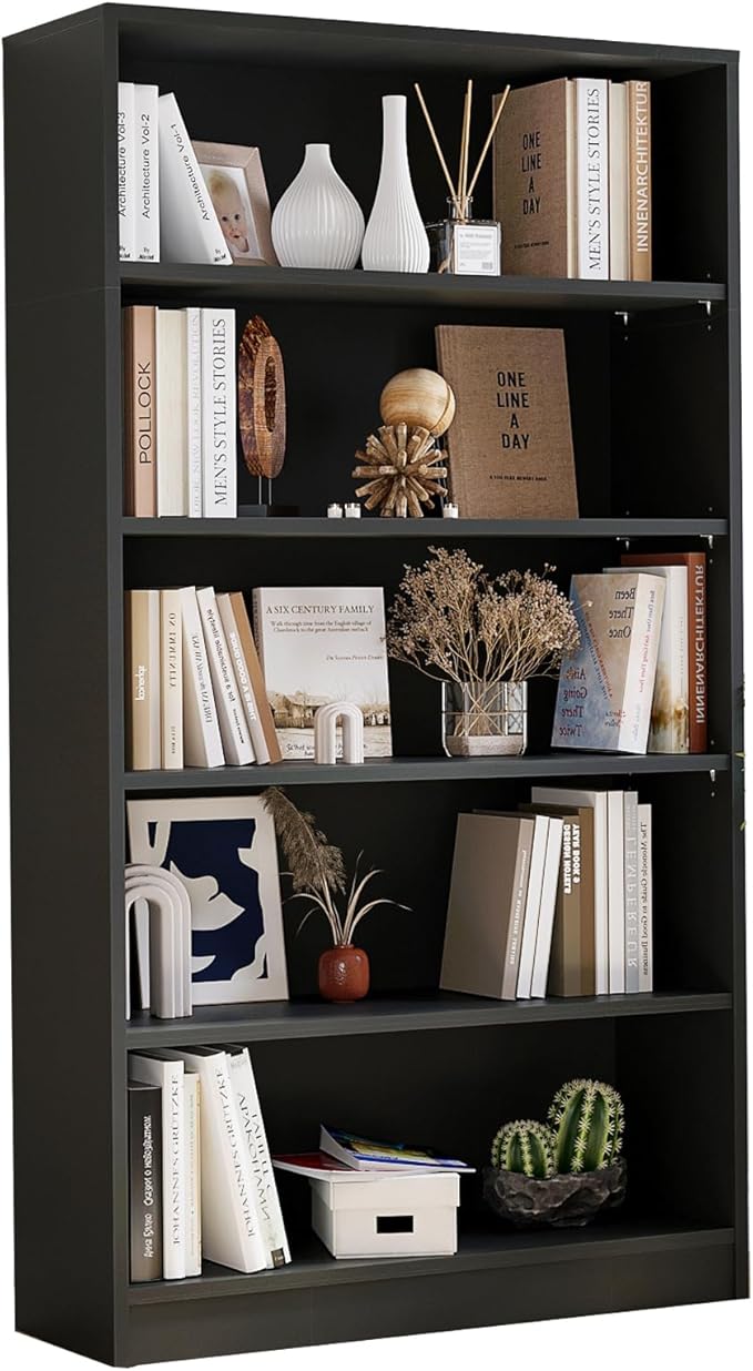 Bookcase Adjustable Storage Shelves,5-Tier Modern Wood Bookcase for Bedroom,60-Inch Bookshelf, Office, Living Room & Library(Black)