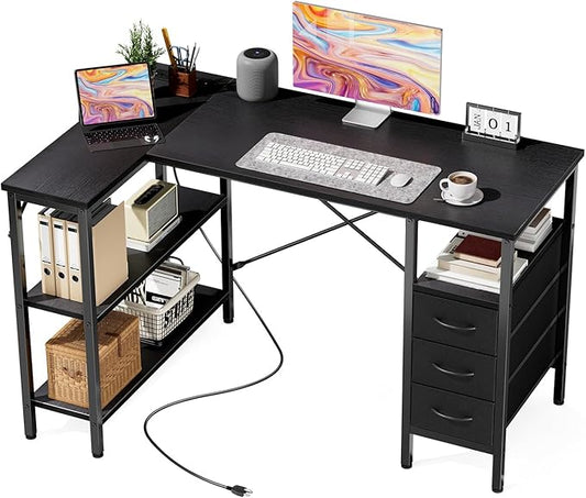 DUMOS L Shaped Desk with Shelf Drawers 47 Inch, Black Corner Computer Desks Gaming with Power Outlet, Study Table with Adjustable Shelves, Home Office Tables for Bedroom Teacher Reading Writing
