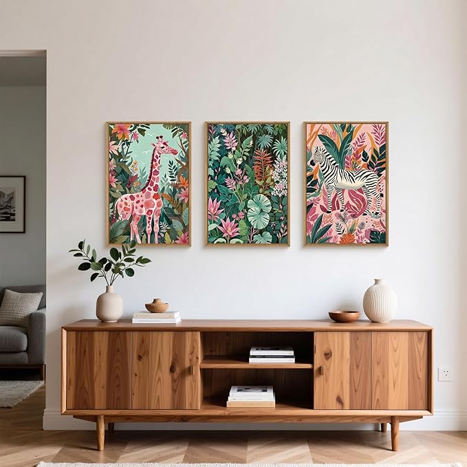 Spring Boho Sage Green Pink Giraffe Zebra Jungle Framed Canvas Wall Art Set,Natural Safari Tropical Wildlife Wall Decor,Modern Wild Animal Botanical Artwork for Living Room,Farmhouse -16"x24"x3