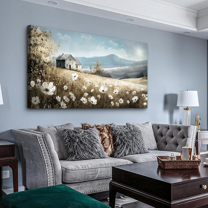 Wapluam Large Canvas Wall Art For Living Room Wall Decor For Bedroom Office Decorations Watercolour Wall Paintings Stretched And Framed Farmhouse Old house Scenery Pictures Artwork Hanging Home Decor