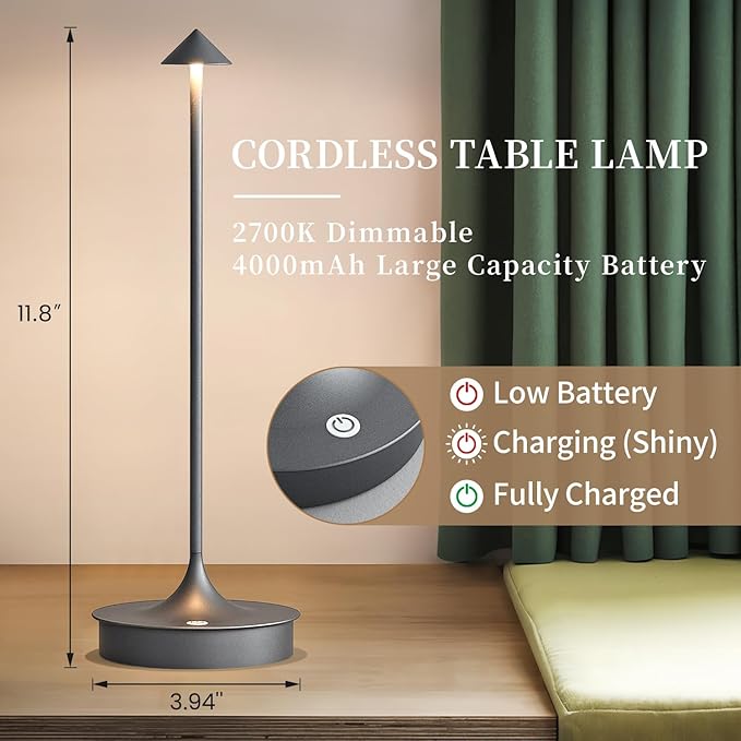 Cordless Table Lamp Rechargeable LED Battery Operated 4000mAh Table Lamp Touch Dimmable Lamp Outdoor Waterproof Portable Wireless Table Light for Dining Restaurant Bar Indoor/Outdoor Use (Grey-2PC)