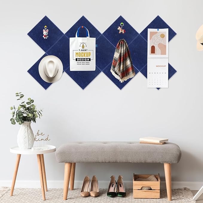 Smarpau Large Cork Board for Walls, 12 Pack Square Bulletin Board, 48"x36" Pin Board with Pushpins Removable Security Stickers, Felt Wall Tiles for Office Home Decoration-Dark Blue
