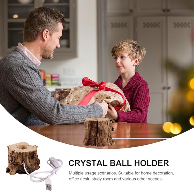 VOSAREA Crystal Ball Wooden Base Tree Stump LED Light Desk Lights for Office Desktop Stand Table Top Display Stand Crystal Ball Holder Stands for Display Wooden Lamp Base USB Wood