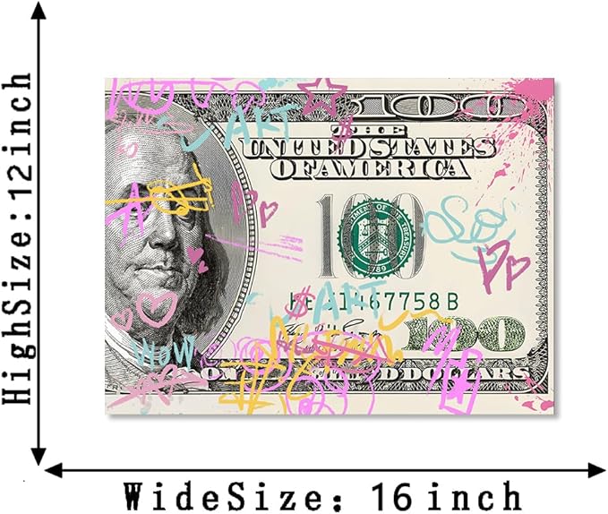 Money Buys Freedom Motivational Wall Art for Office Workplace Canvas Paintings Graffiti 100 Dollar Artwork Wooden Framed Easy to Hang-12x16 inches