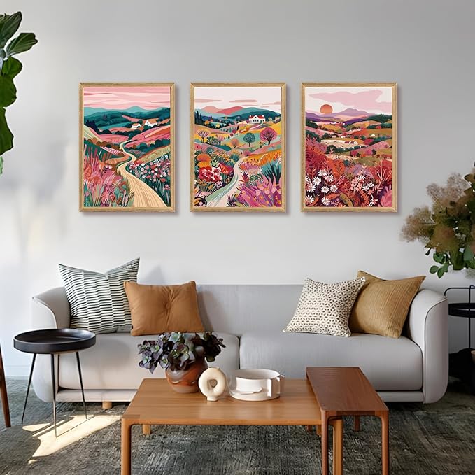 Hianan Colorful Boho Landscape Wall Art, Nature Watercolor Floral Wall Decor, Bright Mountain Water Canvas Painting, Modern Sunsets Landscape Poster Print For Living Room Bedroom Wood Framed 16"x24"x3