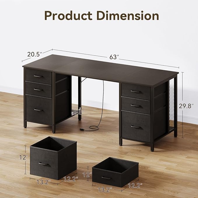 ODK 63 Inch Office Desk with 6 Fabric Drawers, Large Computer Desk for Home Office with Hidden Storage Shelves, Black