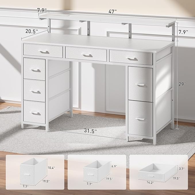 HLDIRECT 47 inch Computer Desk with 8 Storage Drawers, Gaming Desk with LED Lights & USB Power Outlets, Home Office Table with Monitor Stand, Study Writing Work Table for Bedroom, White