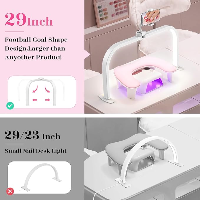 LIONVISON Half Moon Light for Nail Desk: 29" Larger Arch Nail Light for Nail Tech - Foldable Half Moon Nails Desk Lamp with Phone Holder for Home Salon - 3 Color Modes & 10 Brightness for Beginner