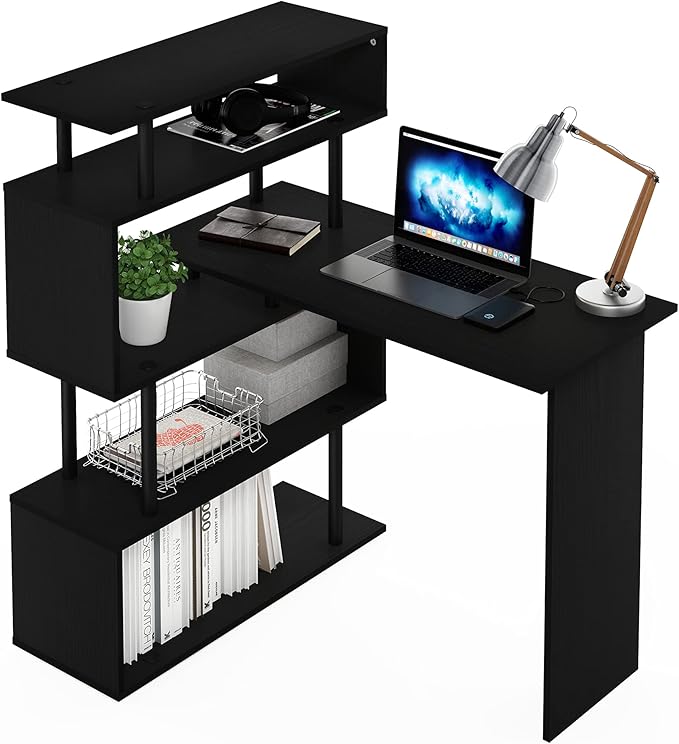 Furinno Classic Desk, 40" Wide L-Shape Gaming Desk, Computer Desk, Writing Desk with 5-Tier S-Shaped Side Shelves for Home Office, Study Room, Dorm, Bedroom, Americano