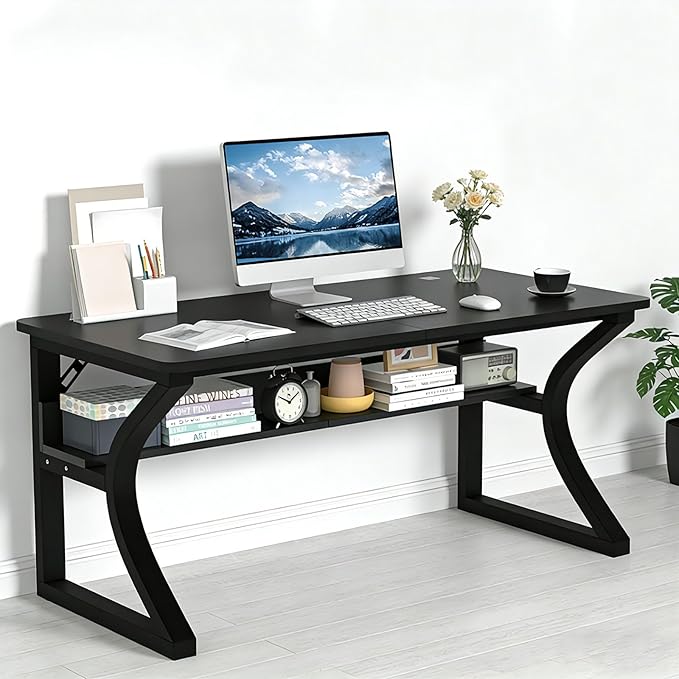 Computer Desk, 55'' Computer Desk Home Office Desks w/Storage Shelves & U Shaped Metal Frame, Study Writing Desk w/Cable Management, Deeper & Thicker Desktop Table for Home Office