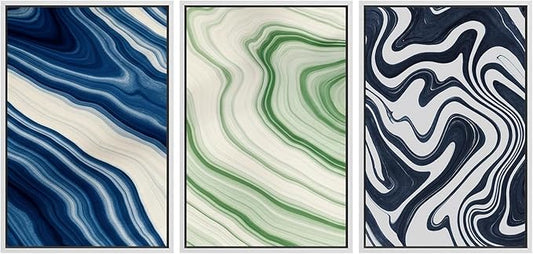 SIGNFORD Framed Wall Art Print Set Blue and Green Marble Swirl Abstract Bold Digital Art Modern Art Contemporary for Living Room, Bedroom, Office - 24"x36"x3 WHITE