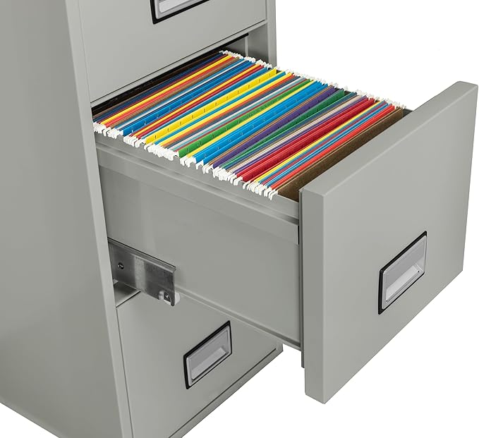 25 inch 4-Drawer Vertical Fireproof File Cabinet – Letter Size Filing – Key Lock – Water Resistant Seal – Fire and Impact Rated – Light Gray Finish – Model LTR4W25LG