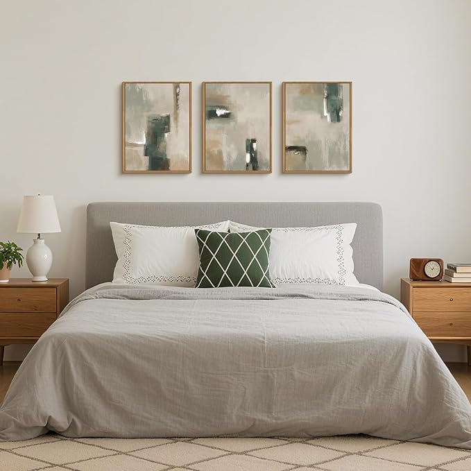 BICERE Abstract Green Brown Framed Canvas Wall Art,Modern Brush Stoke Wall Decor,Neutral Beige Grey Painting,Rustic Minimalist Artwork for Living Room,Bedroom,Dining Room,Office -12"x16"x3