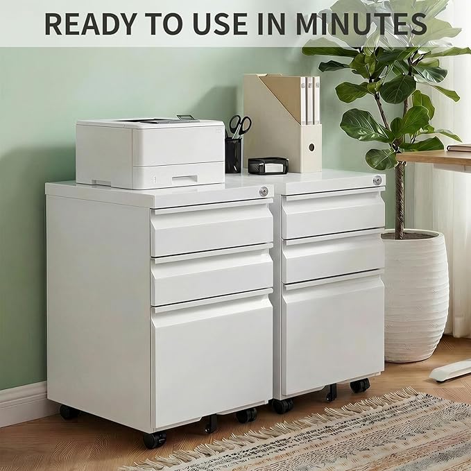 3 Drawer Metal File Cabinet with Lock, Fully Assembled Rolling Filing Cabinet for Home Office, Mobile Under Desk Storage with Wheels, Fits Letter/Legal/A4 Files,White