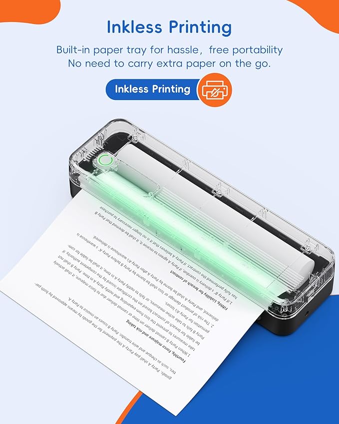 A41 Bluetooth Thermal Printer, Portable Inkless Printer for Travel Supports 8.5 x 11 Inch Paper, Small Mobile Printing Device Ideal for Office, School, Home