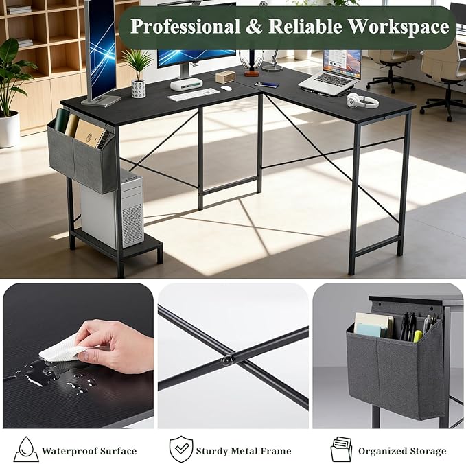 L Shaped Desk, 50 Inch Reversible Computer Desk Corner Gaming Table with CPU Stand & Storage Bag, Sturdy Metal Frame PC Workstation for Home Office
