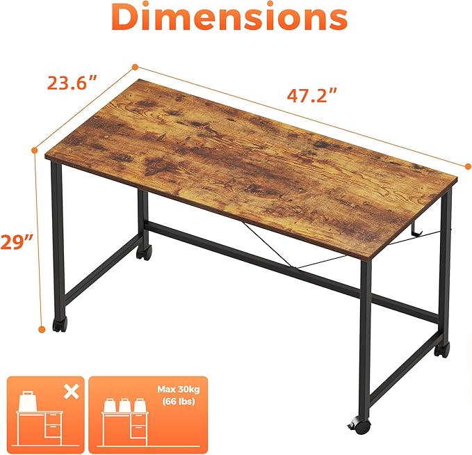 Mericonia 48 inch Rolling Computer Desk with Wheels, Gaming Desk for Small Spaces, Modern Simple Style Table for Home Office, Study Writing Table