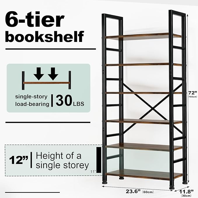 6 Tier Bookshelf, 72'' Tall Bookcase, Book Storage Shelves, Wood Book Shelf Organizer for Bedroom, Living Room and Home Office, Vintage