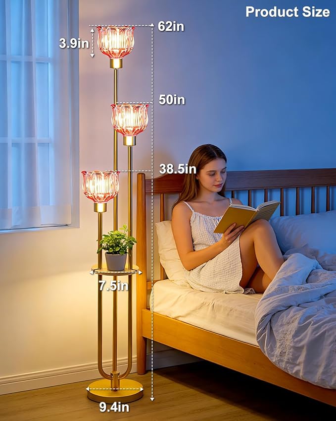 Lightdot Glass Floor Lamp for Living Room 3-Lights Modern Dimmable Gold Floor Lamp with Rose Red Glass Shade & 3000K Bulbs Included Unique Tall Standing Lamp for Bedroom/Sofa Beside/Corner Decor