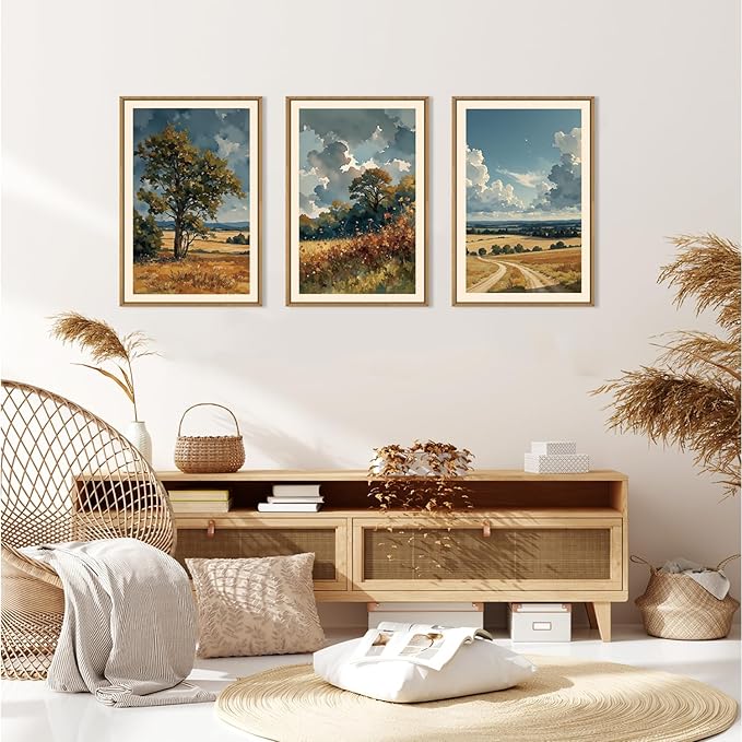 KAIRNE Farmhouse Landscape Wall Art Set of 3, Nature Country Scenery Art Prints, Blue Vintage Watercolor Wall Decor, Rustic Wilderness Paintings for Living Room, Bedroom, Office, 24x36 Inch