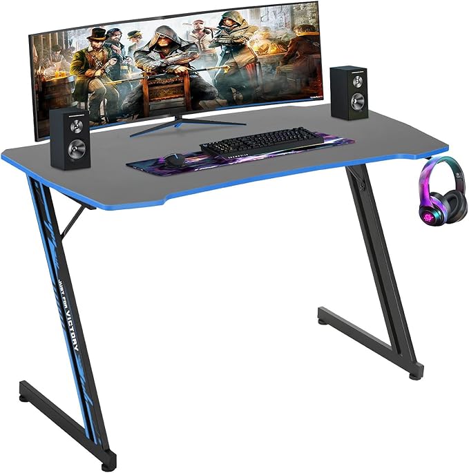BestOffice Gmaing Desk Z Shaped 47 inch Gaming Workstation Ergonomic Gaming Table PC Computer Desk with Headphone Hook for Game Players, Blue