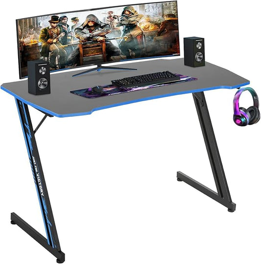 BestOffice Gmaing Desk Z Shaped 47 inch Gaming Workstation Ergonomic Gaming Table PC Computer Desk with Headphone Hook for Game Players, Blue