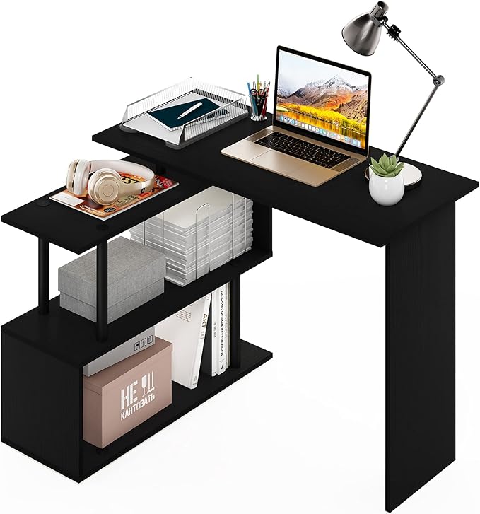Furinno Moore L-Shape Computer Desk with 3-Tier Shelves, Americano