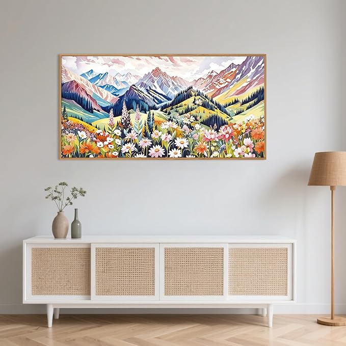 Aryroi Abstract Spring Colorful Floral Landscape Framed Canvas Wall Art,Natural Boho Woodland Mountain Wildflower Decor,Modern Pink Blossom Botanical Artwork for Living Room, Bedroom, Farmhouse-40"x20"x1