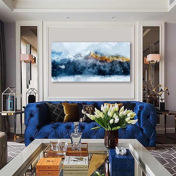 arteWOODS Mountain Canvas Wall Art Indigo Abstract Mountain Painting Prints Blue Clouds Orange Mountain Peaks Pictures Artwork for Living Room Bedroom Gallery Wall Decor Ready to Hang 24" X 48"
