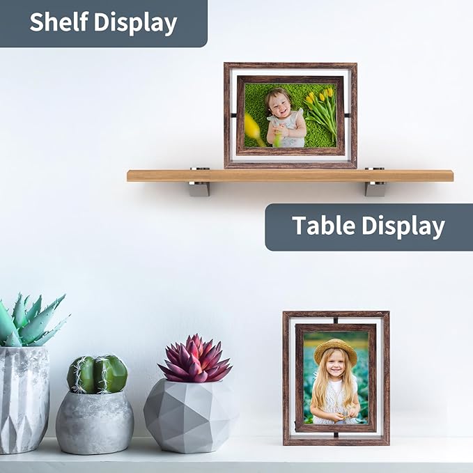EXYGLO 2 Pack 5x7 Picture Frames Rotating Floating Photo Frame Wooden 2 Sided Frames for Vertical or Horizontal Tabletop Display