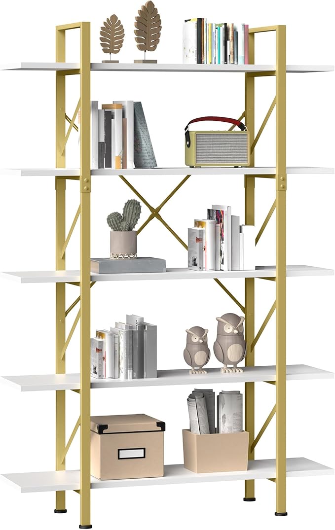 YITAHOME 5 Tier Gold Bookshelf, 70.9" Tall Modern Wide Bookcase, Open Storage Rack Shelves in Living Room/Bedroom/Home/Office, Books Holder Organizer for Books/Plants, Gold & White